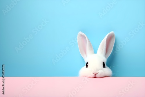 White Easter bunny on a blue background, copy space. © Галя Дорожинська