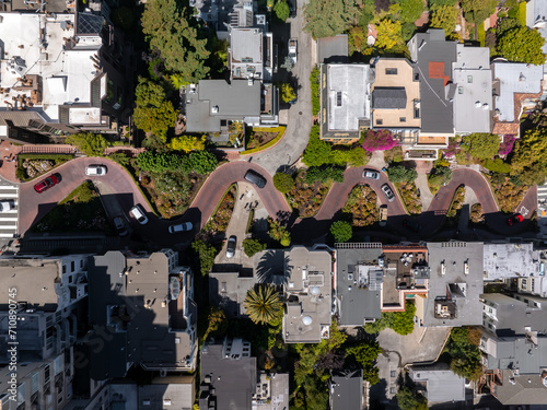 Panoramic view of aerial Lombard Street, an east west street in San Francisco, California. Famous for steep, one block section with eight hairpin turns. Crookedest, steep hills, sharp curves