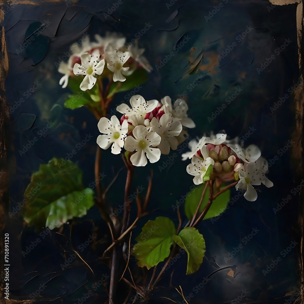 oil painting of Viburnum tinus flower on a dark vintage background. view of a bush flower on dark background