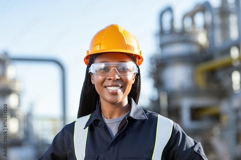 Black female chemical engineer wearing hard hat and safety glasses at industrial plant Black female chemical engineer wearing hard hat and safety glasses at industrial plant