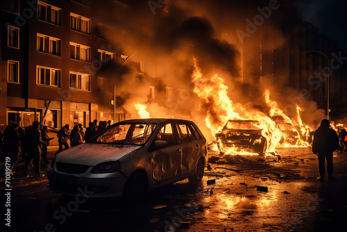 Arson attacks on cars. Illegal protests and rallies. Riots and anarchy in the city during the protests. Problems of illegal migrants and criminal syndicates photo