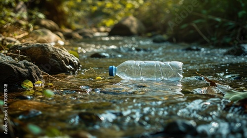 A clear stream of water with a single discarded plastic bottle  highlighting pollution amidst natural beauty.