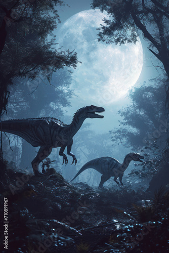 A pack of Allosaurus dinosaurs in a prehistoric, moonlit forest with a large, luminous moon in the background. © Ярослава Малашкевич