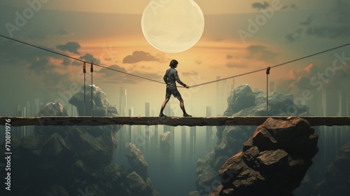 A graphic representation of a tightrope walker maintaining balance while traversing a rope, symbolizing equilibrium and stability amid a precarious situation - Generative AI