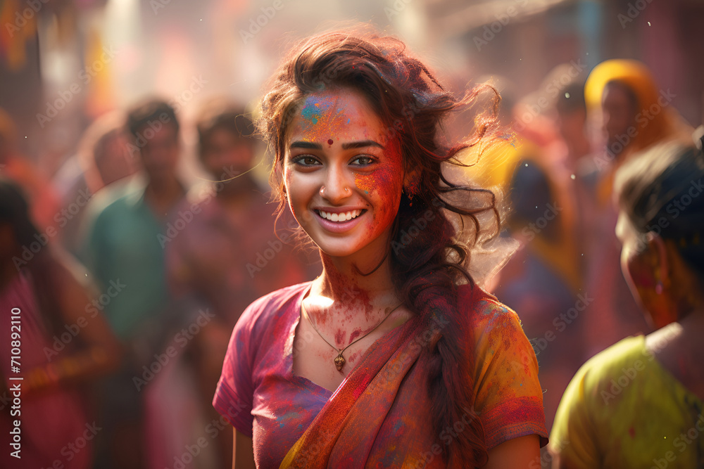 Indian girl immersed in a lively crowd, adorned in vibrant colors, celebrating the festival of Holi