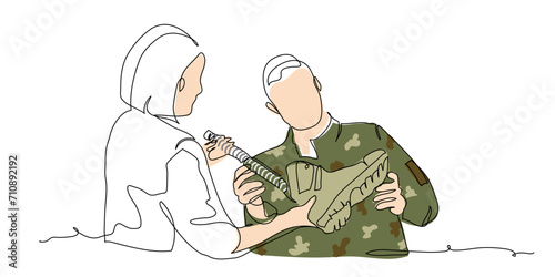 Rehabilitation therapy, massaging on a table. Physiotherapy treatment vector illustration. One continuous line art drawing of massaging on a table.