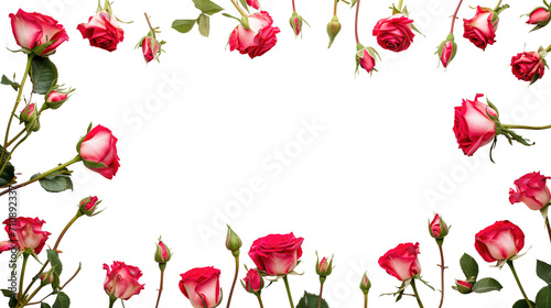Realistic red roses border. Flower blossom elements  beautiful leaves and burgeon floral composition for wedding card and invitation isolated on transparent 