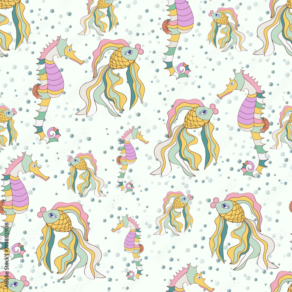 Naklejka premium Vector seamless pattern in pastel colors. Seamless pattern with goldfish, seahorses. Underwater world.