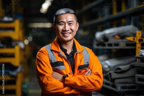 Portrait of a happy Asian man in an orange jumpsuit standing in a warehouse © duyina1990