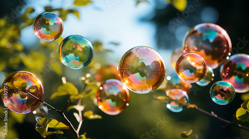 soap bubbles flying over a blooming purple summer meadow in the rays of the warm sunset. The rainbow bubbles from the bubble blower.