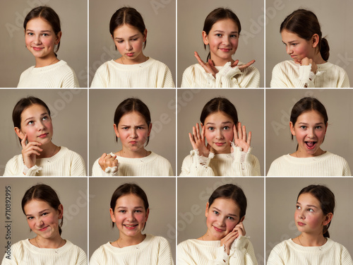 Different facial expressions collage set portraits of teen cover girl 12 year old. Actress emotions portfolio, emotional face teenage model posing at grey. Actor emotion concept. Copy ad text space photo