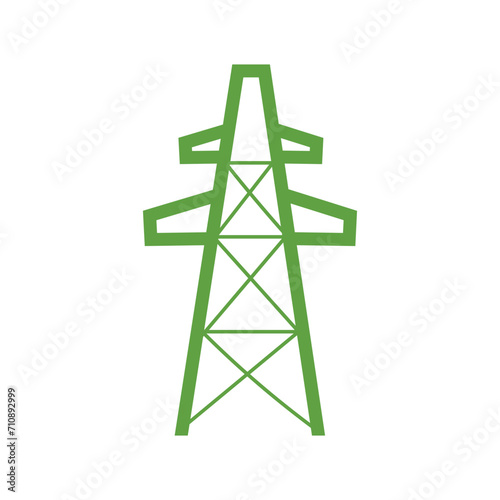 Green high voltage transmission tower on white background