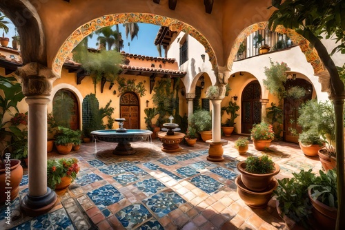 A Spanish hacienda with archways and a tiled roof, featuring a backyard with a courtyard, a fountain, and colorful ceramic tiles