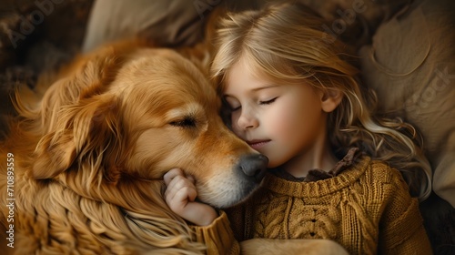 A heartwarming scene of a child cuddling with their pet dog, representing the unconditional love between humans and their furry companions