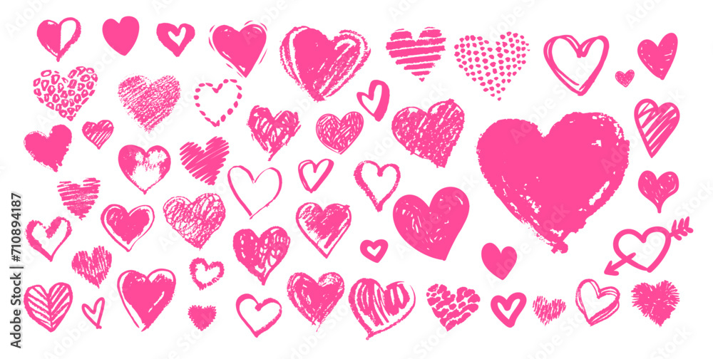 Grunge Pink vector hand drawn hearts doodles collection - obrazy, fototapety, plakaty 