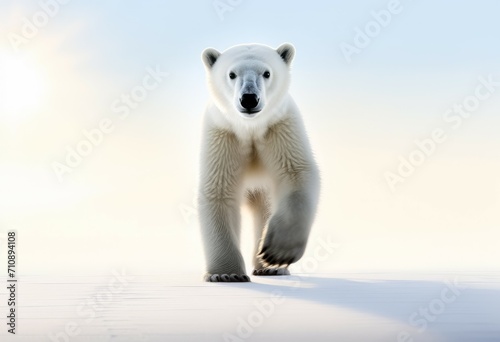 Polar bear on drift ice edge with snow and water in Norway sea. White animal in the nature habitat. Large male polar bear in the arctic with melting climate change. Generative ai © Mickael