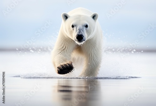 Polar bear on drift ice edge with snow and water in Norway sea. White animal in the nature habitat. Large male polar bear in the arctic with melting climate change. Generative ai photo