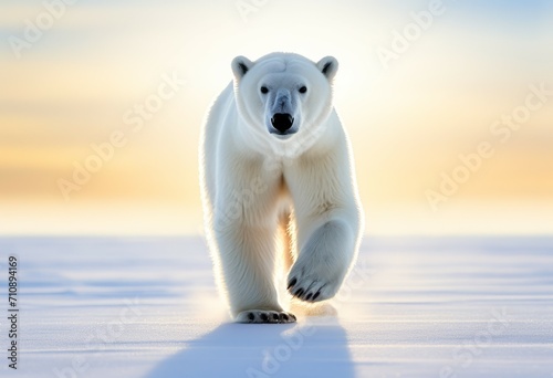 Polar bear on drift ice edge with snow and water in Norway sea. White animal in the nature habitat. Large male polar bear in the arctic with melting climate change. Generative ai