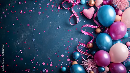 Fondo de festividad y celebración de cumpleaños con decoración de globos y cintas, con espacio para texto. Generado por IA.