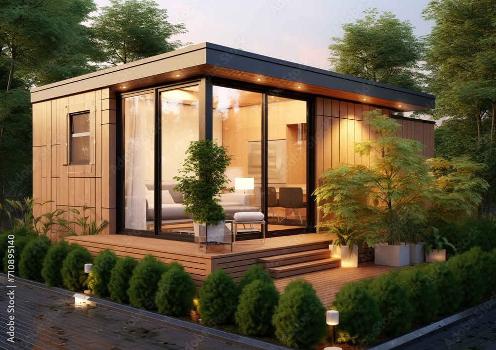 Modern Prefab Container Home with Large Glass Windows Surrounded by Trees and Plants