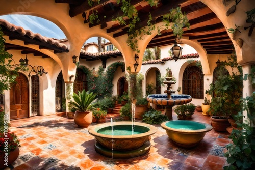 Fototapeta A Spanish hacienda with archways and a tiled roof, featuring a backyard with a c
