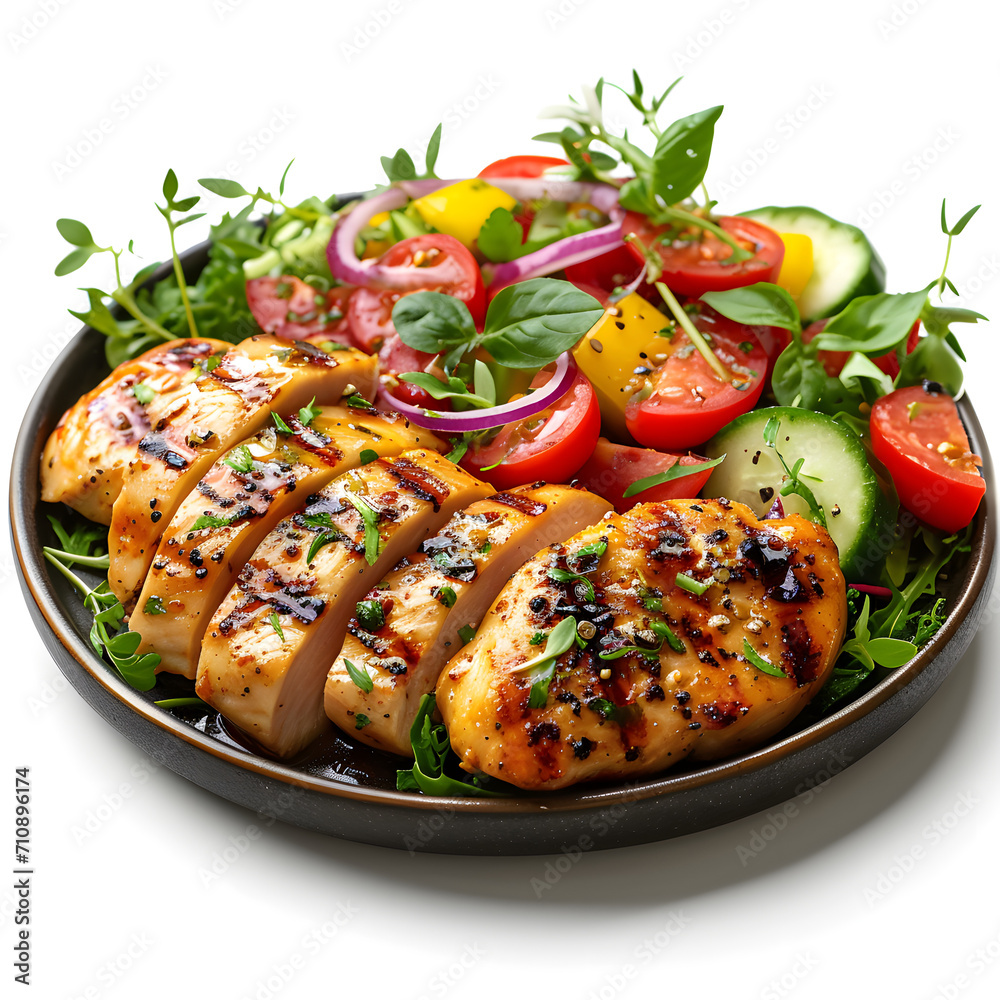 Grilled chicken breast and vegetables isolated on white background, detailed, png
