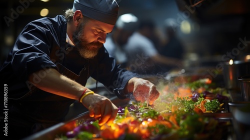 Focused male chef cooking vegetables over an open flame © duyina1990