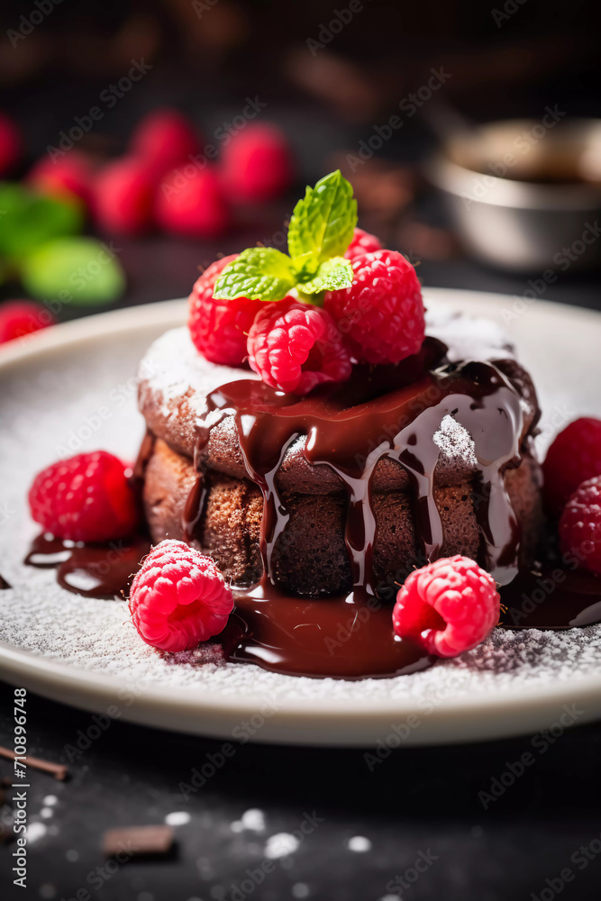 Homemade chocolate lava cake on a plate with raspberry Homemade chocolate lava cake on a plate with raspberry