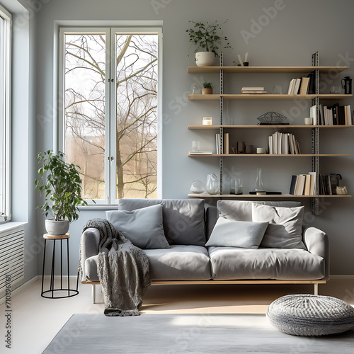 Grey sofa against window and book shelving unit ,  interior  design of modern living room for Scandinavian home  photo