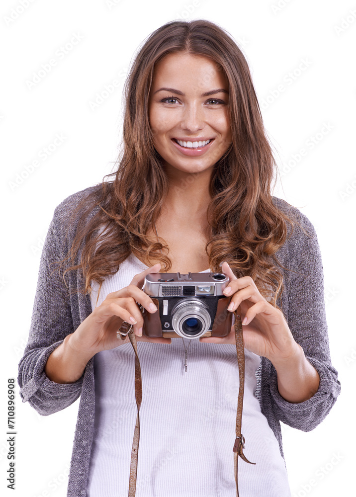 Portrait, photography or happy woman with retro camera in studio for photoshoot, multimedia production or paparazzi on white background. Journalist, creative photographer or content creation for blog Portrait, photography or happy woman with retro camera in studio for photoshoot, multimedia production or paparazzi on white background. Journalist, creative photographer or content creation for blog