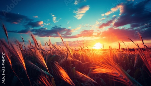 Fényképezés Golden sunrise over serene countryside with vibrant wheat fields and fluffy whit
