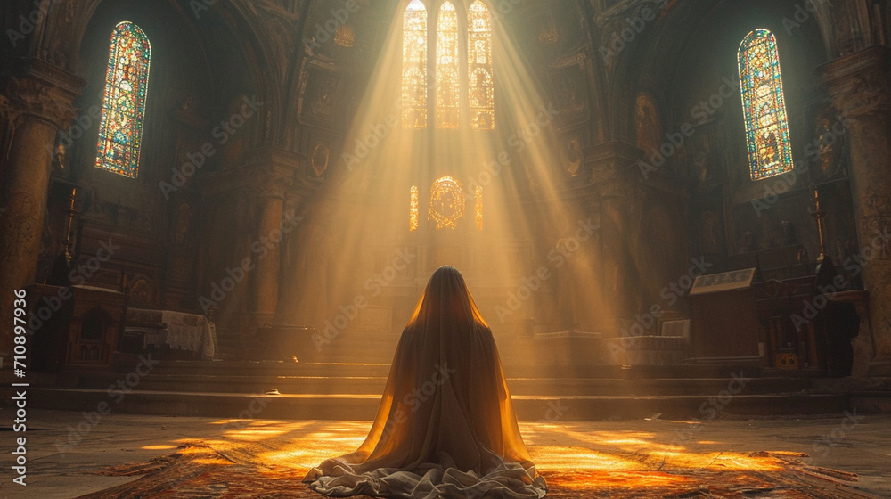 A captivating image of a nun in a contemplative pose, surrounded by the sublime architecture of a historic chapel, the play of light through stained glass windows creating a visual