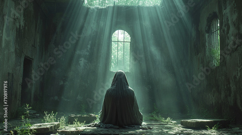 A soulful image of a nun engrossed in prayer within the simplicity of a convent cell, with a single shaft of light illuminating her bowed figure, conveying the profound connection photo