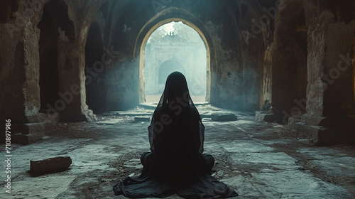 Foto A visually stunning portrayal of a nun immersed in the act of prayer, set agains