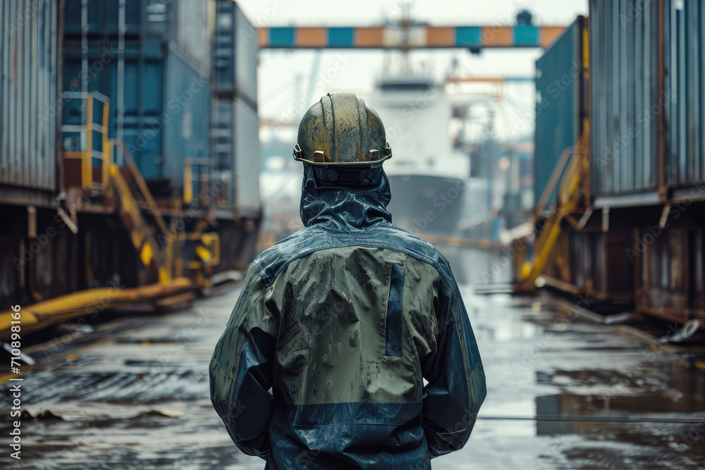 male worker in a cargo seaport against the background of containers and ships, rear view male worker in a cargo seaport against the background of containers and ships, rear view