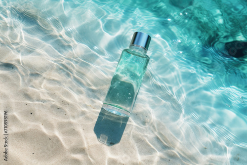 A transparent bottle of lotion lies on the sand and is washed with blue water.