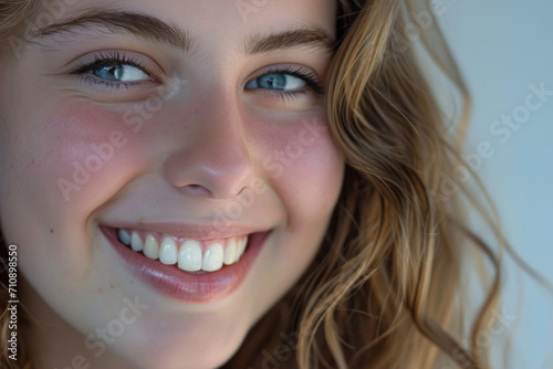 The close-up showcases the enchanting smile of the girl