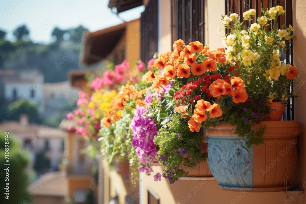 Hobby and recreation, beautiful balcony or terrace decorated with various flowers in pots