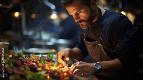 Focused male chef carefully preparing a delicious meal in a commercial kitchen photo