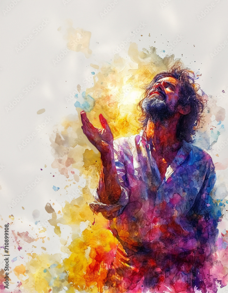 A man stretches out his hand to heaven in prayer. Religious watercolor illustration