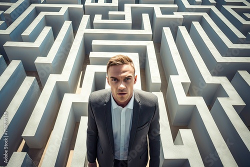 businessman in labyrinth. A man in the background of the maze looking at the camera. Portrait. View from above.