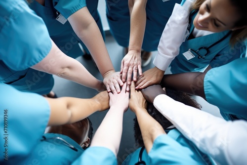 Multiracial group of doctors and nurses joining hands together