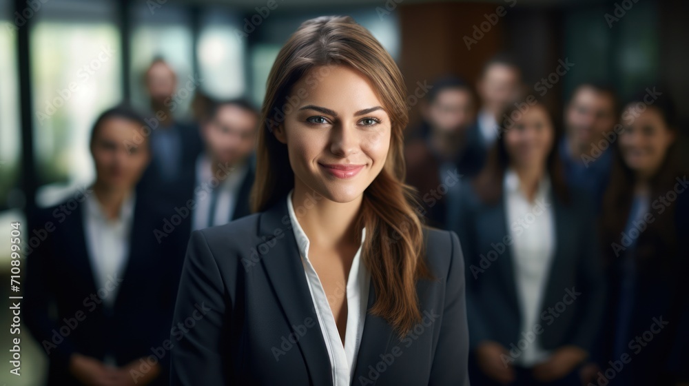 Smiling girl in business suit with long hair poses in front of team. Smiling girl in business suit with long hair poses in front of team.