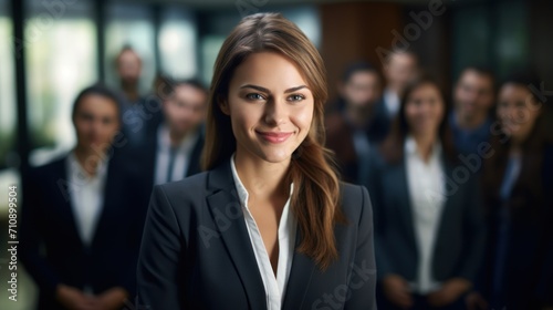 Smiling girl in business suit with long hair poses in front of team.