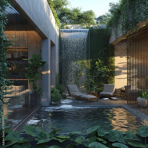 A courtyard oasis accessible through sliding glass doors, featuring a cascading water feature, lush greenery, and comfortable seating for quiet contemplation © Safdar