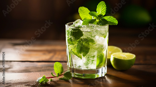 Mojito cocktail in a cutter on a rustic table, selective focus shallow depth of field 