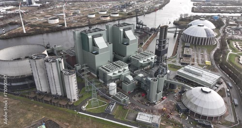 Aerial drone birds eye view of a coal fired powerd station in the port of Hamburg, Germany. photo