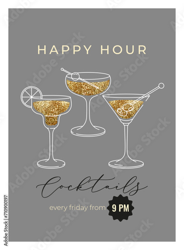 Modern flat happy hour cocktails print. Colorful background with cocktail glasses. Cafe, bar and restaurant concept poster and web banner. Vector illustration.