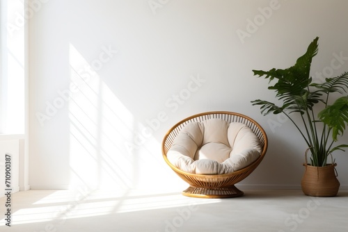 A cozy place near the window. Papasan chair. Modern minimalist room design. photo