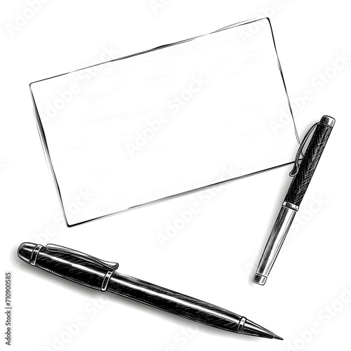 Business card and pen isolated on white background, doodle style, png
